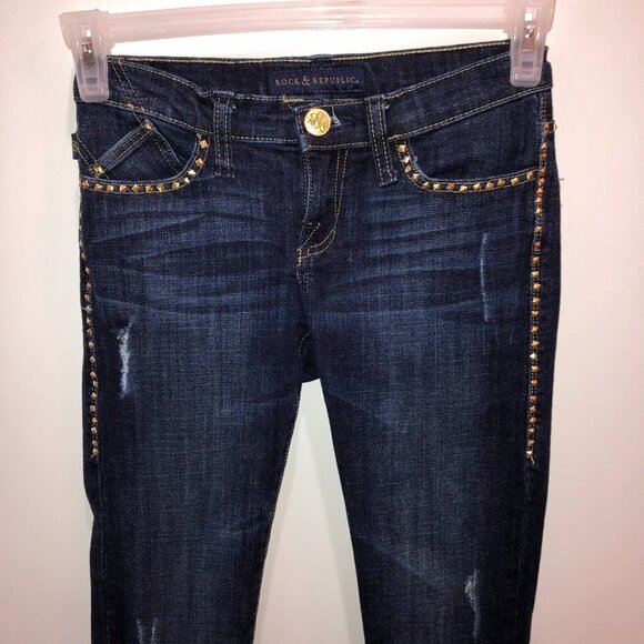 Rock and Republic Womens Size 0 M Dark Wash Studs Kasandra Boot Cut Denim Jeans - Picture 4 of 11